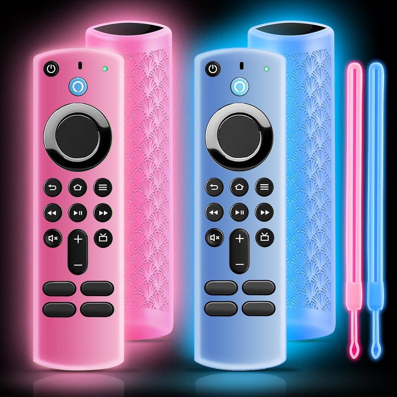 OneBom (2 Pack) Silicone TV Remote Cover,Anti Slip Silicone Protective Case with Same Color Lanyard（Glow Pink&Glow Blue） - Image 1